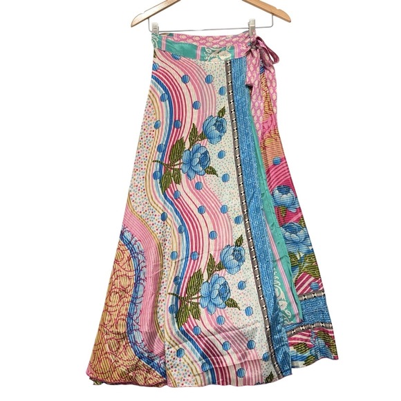 Magic Accessories - Art To Wear Vintage Silk Sari Magic Wrap Skirt Reversible Hippie Sarong Beach OS